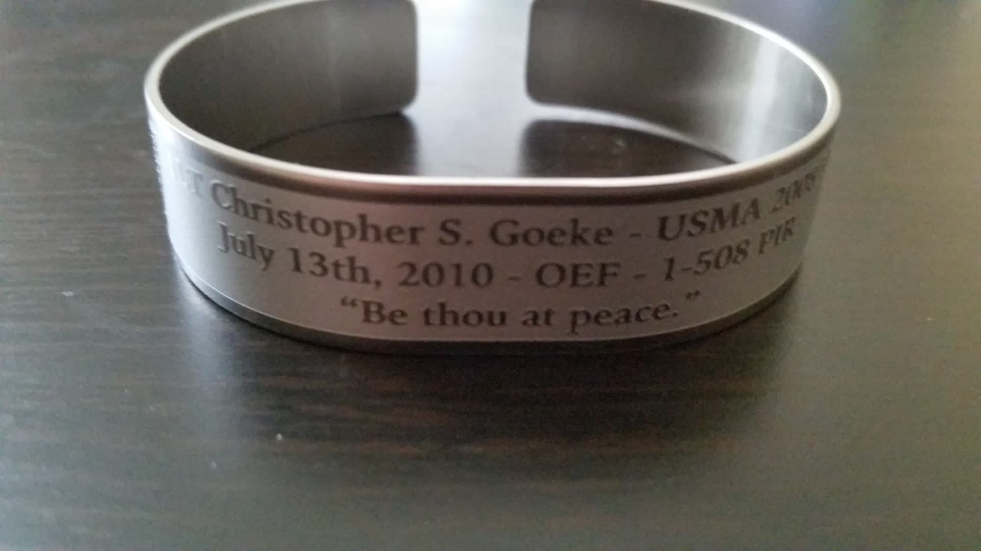 Memorial bracelet honoring 1LT Christopher S. Goeke (USMA '08)