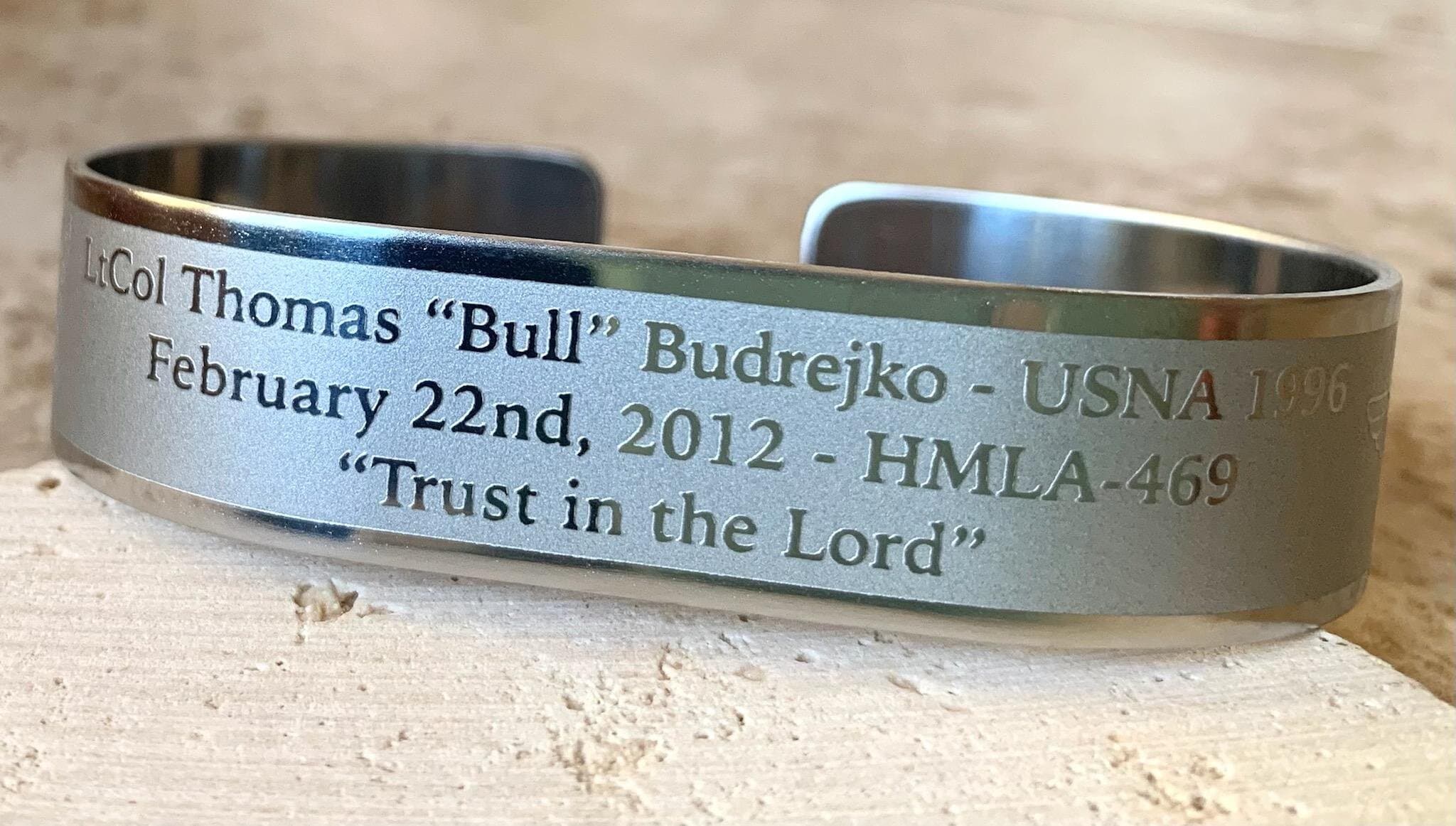 Memorial bracelet honoring LtCol. Thomas "Bull" Budrejko (USNA '96)