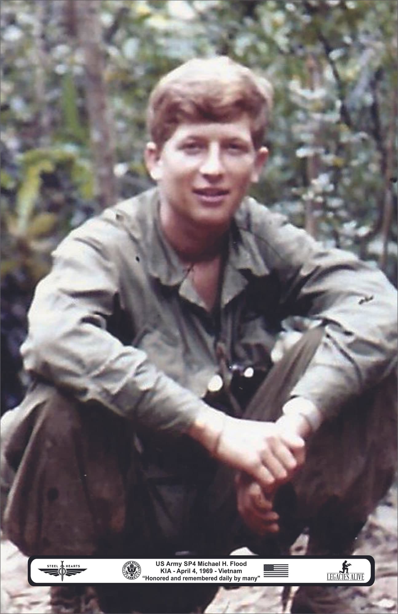 Memorial portrait of SP4 Michael H. Flood